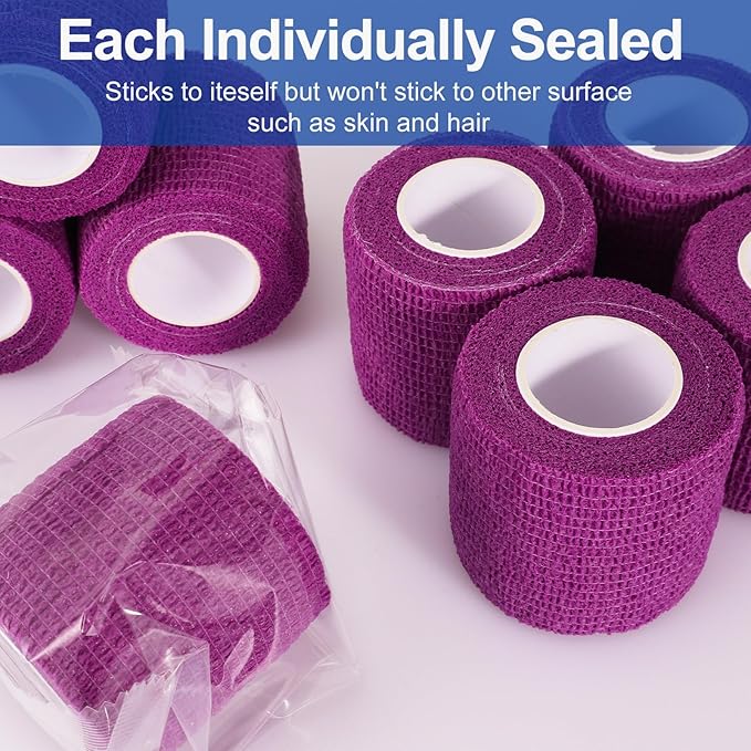 24 Pack 2 Inch x 5 Yards Self Adhesive Bandage Wrap, Elastic Cohesive Wrap 2 inch Vet Wrap Bandage Tape, Purple Grip Tape for Athletic, Sports, First Aid Medical, Wrist, Ankle Sprains-PawvioPets