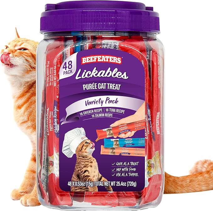 Beefeaters Cat Treats Variety Pack Lickable Puree 48ct – Salmon, Tuna & Chicken, Grain-Free, Taurine-Enriched, Ideal for Training & Interactive Feeding-PawvioPets