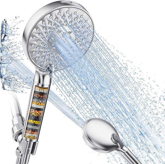Filtered Shower Head with Handheld, High Pressure 9 Spray Mode Chrome Showerhead with Filters,detachable shower head,Water Softener Filters Beads for Hard Water -Remove Chlorine-PawvioPets