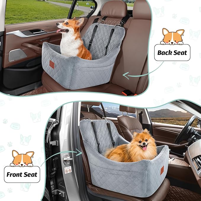 Dog Car Seat for Medium Dogs Up to 35lbs,Fully Detachable and Washable,Easy to Install with Adjustable Straps,Anti-Slip Bottom Travel Car Bed for Pets,Two Side Pockets(Grey,Medium)-PawvioPets