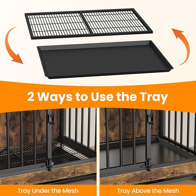 Dog Crate Furniture, Large Dog Crate Furniture, Wooden Cage Kennel Furniture Indoor, Modern Dog Crate with Multi-Purpose Removable Tray, Double-Doors Dog Furniture, Rustic Brown-PawvioPets
