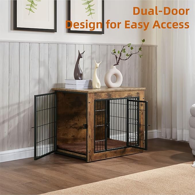 FLEXIMOUNTS Dog Crate Furniture with Cushion, Wooden Dog Kennel Furniture, Heavy Duty Dog Cage, 27" Dog Kennel with Double Doors-PawvioPets