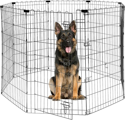 Foldable Dog Playpen 48" Height 8 Panels Metal Exercise Pen with Door - Indoor/Outdoor Dog Play Pen for Medium-Large Dogs, Portable Pet Fence for Yard Garden Camping, Black-PawvioPets