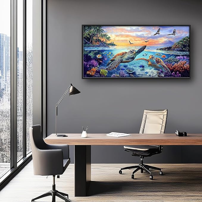 Framed Large Sea Turtle Wall Art for Living Room, Oversized Ocean Turtle Wall Decor Seascape Underwater Marine Life Canvas Painting Home Decoration for Living Room Bedroom Office 60"x30"-PawvioPets