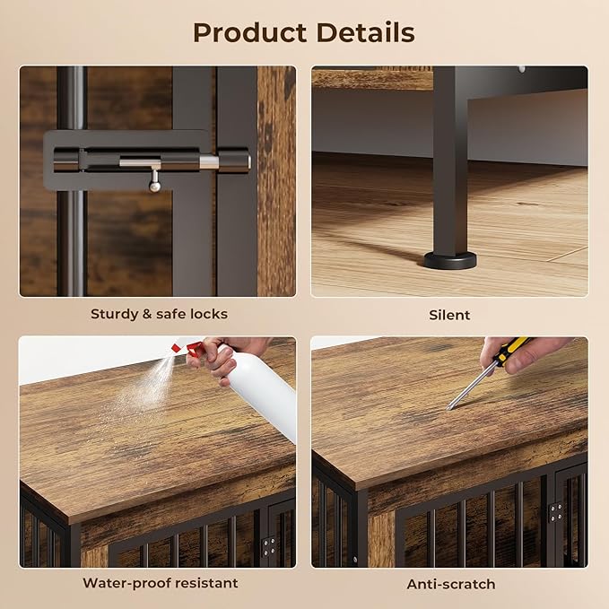 78 Inch Dog Cage Furniture for 2 Large/Medium Dogs with Removable Divider, Extra Large Double Doors Dog Kennel, XXL Thick Wooden Dog cage Furniture, Durable and Sturdy, Brown-PawvioPets