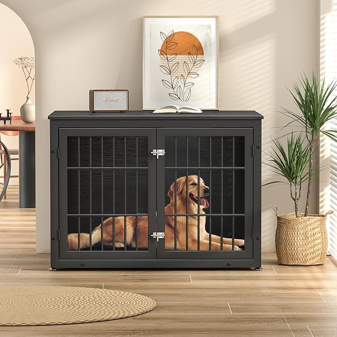 42" Heavy Duty Dog Crate Furniture for Large and Medium Dogs, Enclosed Design Wooden Metal Kennel, Wooden Cage Furniture Indoor, Decorative Dog Kennel End Table-PawvioPets