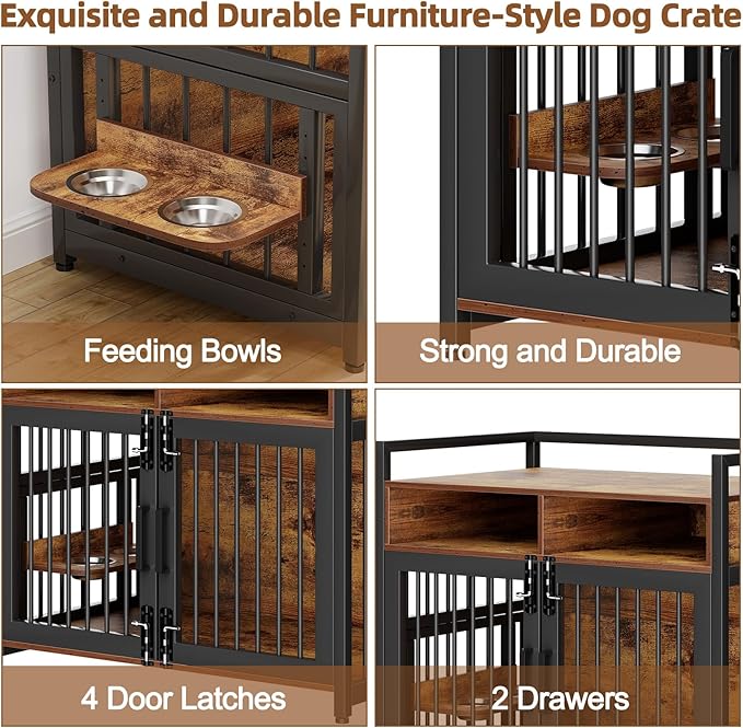 Furniture Style Dog Crate with Storage, 41 Inch Dog Crate Furniture with Double Doors, 2 Stainless Steel Bowls, Dog Crate Furniture-Style Crate for Large/Medium Dog-PawvioPets