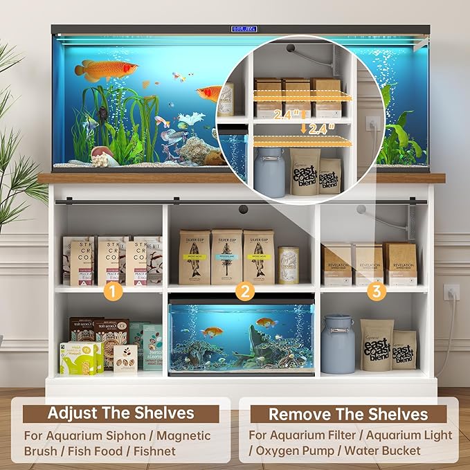 55-75 Gallon Fish Tank Stand with Sliding Barn Doors & Power Outlet, Heavy Duty Aquarium Stand with Cabinet Storage for Fish Tank, Turtle Tank, Reptile Terrarium, 1000LBS Capacity, White-PawvioPets
