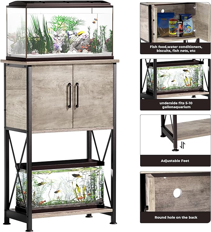 5-10 Gallon Fish Tank Stand, Metal Double Aquarium Stand with Cabinet for Fish Tank Accessories Storage, Heavy Duty 20.5" L* 11.02" W Tabletop, 500LBS Capacity Grey PG06YGZ-PawvioPets