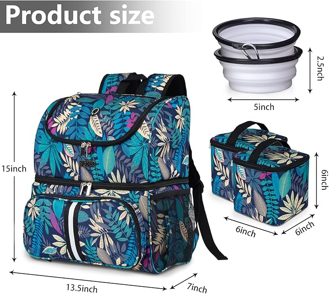 BAGLHER Pet Travel Bag, Double-Layer Pet Supplies Backpack (for All Pet Travel Supplies), Pet Travel Backpack with 2 Silicone Collapsible Bowls and 2 Food Baskets Hawaii-PawvioPets