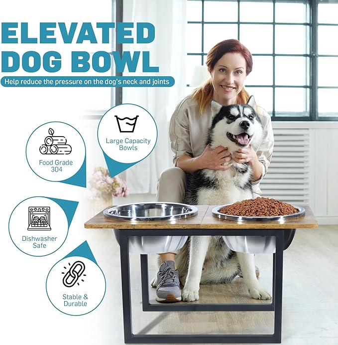 Elevated Dog Bowls for Large & Extra Large Breed Dogs - Raised Dog Feeding Station with Two Stainless Steel Bowls - Helps to Reduce Strain on Dog’s Neck & Joints - 3500 ML Capacity-PawvioPets