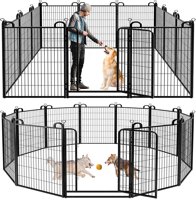 Dog Playpen Outdoor 12 Panels Heavy Duty Dog Fence 47" Height Anti-Rust with Doors Portable for RV Camping Yard, Total 27FT, 58 Sq.ft, Snowy Black-PawvioPets