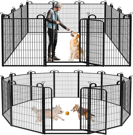 Dog Playpen Outdoor 12 Panels Heavy Duty Dog Fence 47" Height Anti-Rust with Doors Portable for RV Camping Yard, Total 27FT, 58 Sq.ft, Snowy Black-PawvioPets