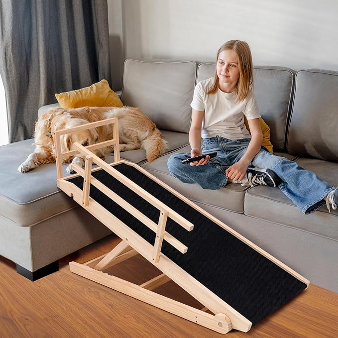 Dog Ramp for Bed, Adjustable Pet Ramps for Dog to Get on Bed, Non-Slip Rubber Surface - Folding Wooden Dog Ramp for Small/Large/Old Dogs, Adjustable up to 23.5 inch High Beds, Safety Railings-PawvioPets