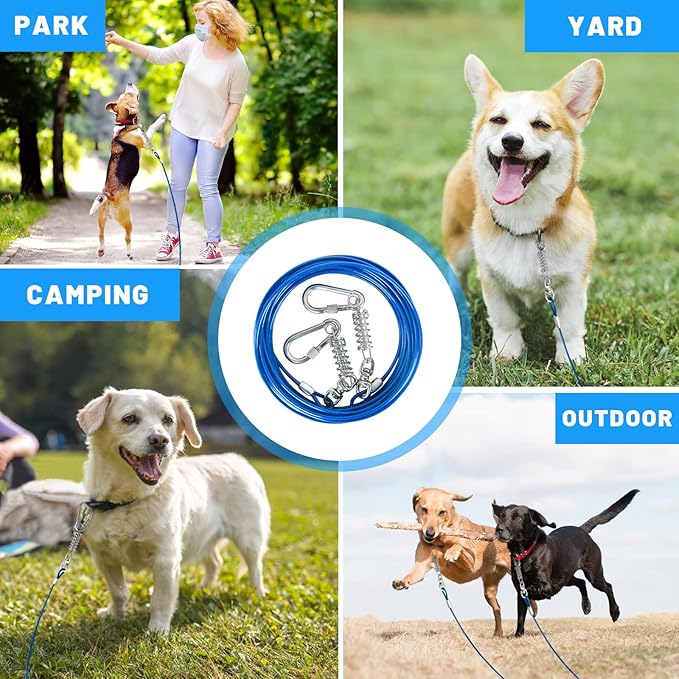 Dog Tie Out Cable 10/15/20/25/30FT Dog Run Cable Rosy Pink/Blue/Purple/Silver/Red/Green/YellowTie Out Cable for Large Dogs Heavy Duty for Outside Hold Large Dogs Up to 250LBS-PawvioPets