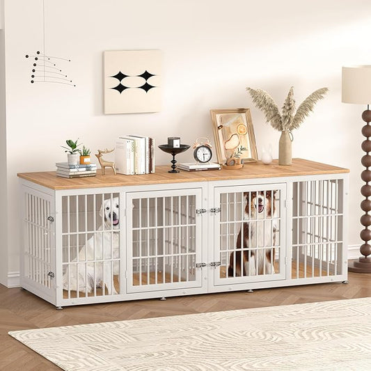 78 Inch Double Dog Crate Furniture, Heavy Duty Extra Large Cage Furniture with Divider for 2 Dogs, Decorative Wooden Kennel Furniture Indoor, Pet House for Large and Medium Dogs, White-PawvioPets