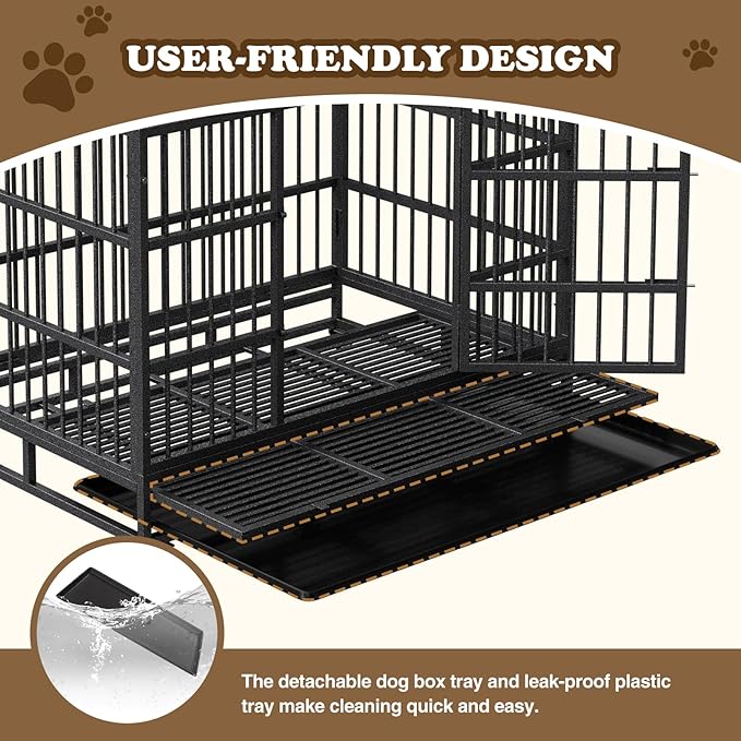 Dog Crate with Removable Tray, 37/42/46 Inch Indestructible and Escape Proof Steel Dog Cage Kennel for High Anxiety Dogs, Heavy Duty Dog Crate with Wheels, Double Door, Extra Large XL XXL-PawvioPets