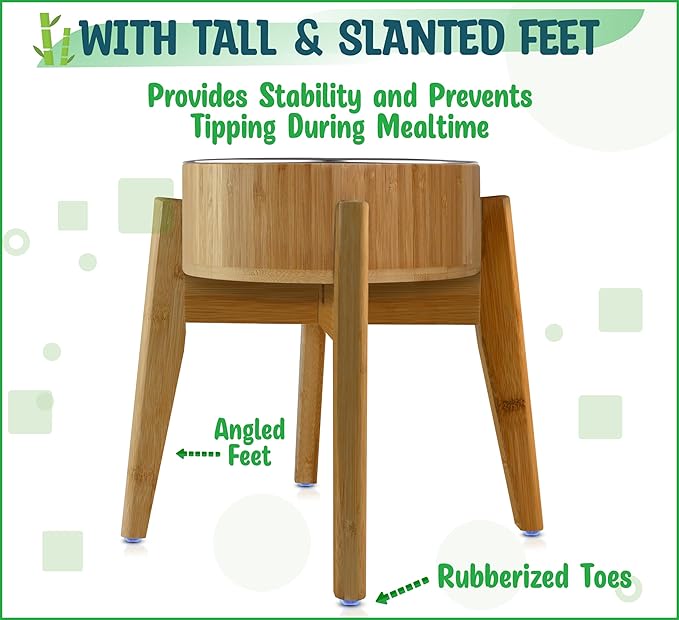 Elevated Dog Bowls for Large Breed - (15-Inch Tall, 74-oz Cap), Deter Ants and Bugs - Raised Single Feeder, Suitable for Dry and Wet Pet Foods - Bamboo with Stainless Steel Dish-PawvioPets