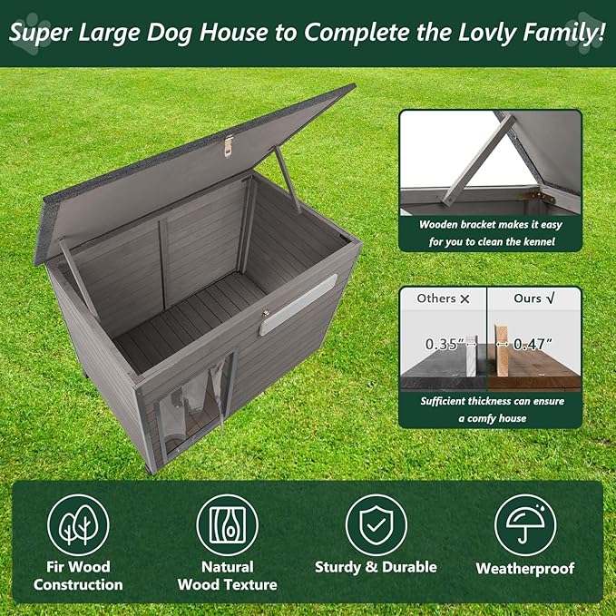 43.3" L Dog House Outdoor for Large Breeds Dogs Anti Chewing Iron Frames Dog Kennel Wooden Pet Houses for Indoor Outdoor with Weatherproof Roof,6 Elevated Feet, Reinforced Bottom Support-PawvioPets