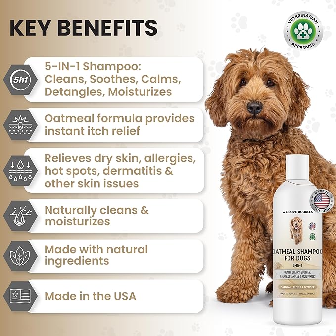 5-in-1 Premium Oatmeal Shampoo for Dogs, Gentle for Itchy & Sensitive Skin, Provides Itch Relief, Hypoallergenic & Soothing for Dry Skin, Moisturizing Anti-Itch, Made in USA, 16 oz [We Love Doodles]-PawvioPets