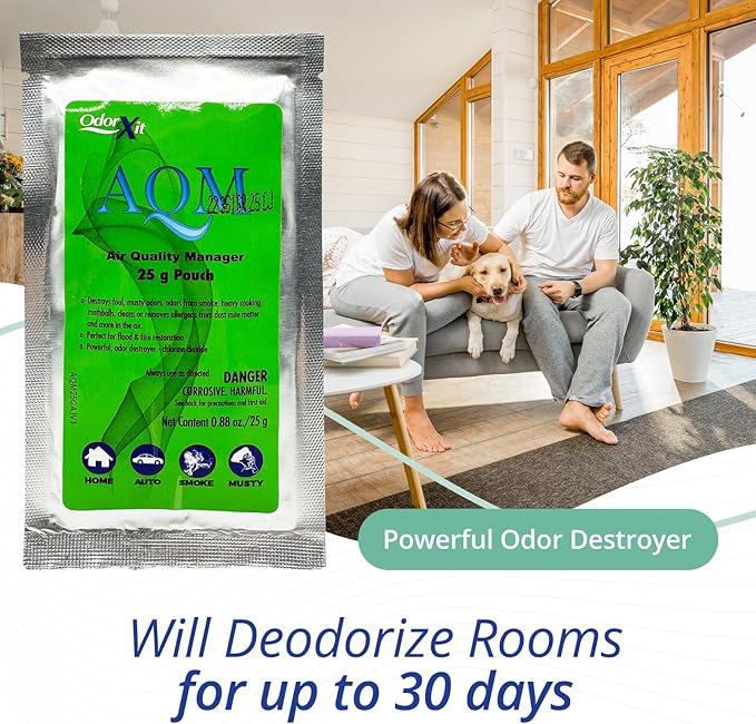 AQM by OdorXit, Air Quality Manager Chlorine Dioxide Odor Removal Packet, Dog Odor Eliminators for Hom, Wet Dog Smell & Car Deodorizer, Cigarette & Strong Smell Neutralizer, 25g-PawvioPets
