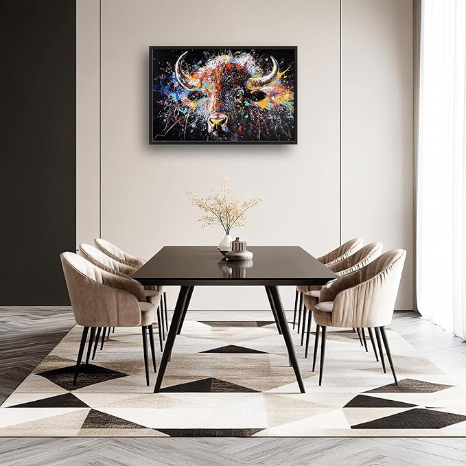 Framed Large Bison Buffalo Wall Art for Living Room, Oversized Graffiti Yak Cow Wall Decor Banksy Bull Canvas Painting Animal Pictures Modern Artwork for Living Room Bedroom Office 36"x24"-PawvioPets