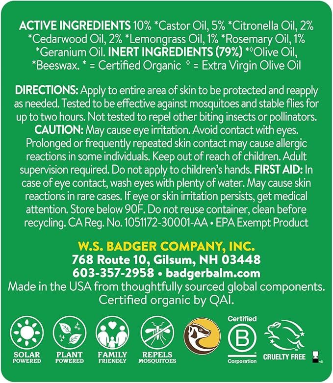 Badger Bug Repellent, Easy to Use Travel Stick, DEET-Free Mosquito Repellent & Insect Protection, Certified Organic Essential Oil Balm-PawvioPets
