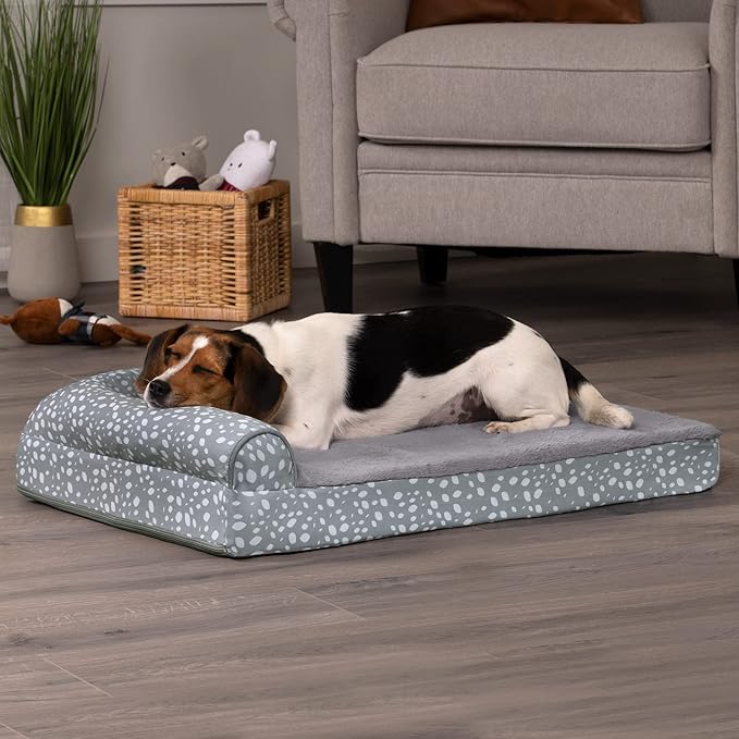 FurHaven Supportive Cooling Memory Foam L Chaise Dog Bed with Washable & Removable Cover - Plush & Almond Print - Gray Almonds, Dogs Up to 35 lbs - Medium-PawvioPets