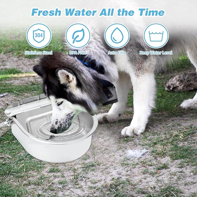 FHTONGE 304 Stainless Steel Automatic Dog Water Bowl Dispenser with Drainage and Float Valves, Large Auto Fill Dog Waterer for Outdoor Big Dogs Livestock Poultry Horse Cow Goat Pig Chicken Duck Rabbit-PawvioPets