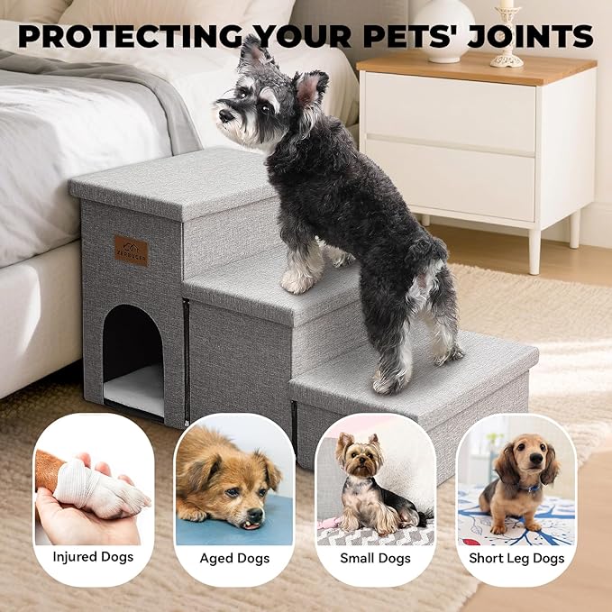 Dog Stairs 18" H, 3-Step Wider Dog Steps for High Beds Couch, Folding Storage Pet Stairs Gift for Small/Medium/Large Old Dogs Cats, Ramp for Climbing Car Up to 200 lbs, (Gray, with Condo)-PawvioPets