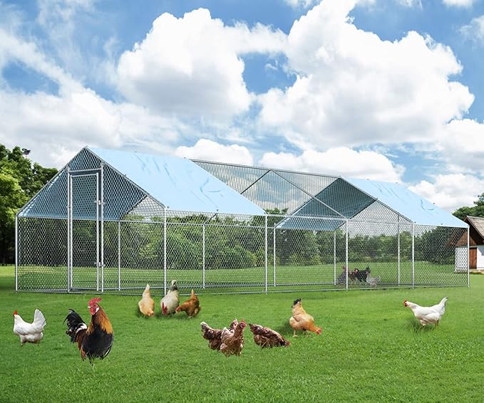 1.26’’ Large Metal Chicken Coop Walk in, Chicken Pen for Chickens, Outdoor Chicken Runs Coops Dog Kennel, Spire Roofed Chicken Runs for Yard with Anti-Ultraviolet Cover (9.8’Lx26.2’Wx6.4’H)-PawvioPets