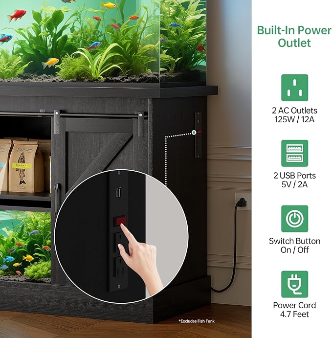 Fish Tank Stand Up to 75 Gallon, Aquarium Stand with Sliding Barn Doors & Power Outlet, Black Farmhouse Style Stand with Cabinet Storage for Fish Tank, Turtle Tank, Reptile Terrarium,1000LBS Capacity-PawvioPets