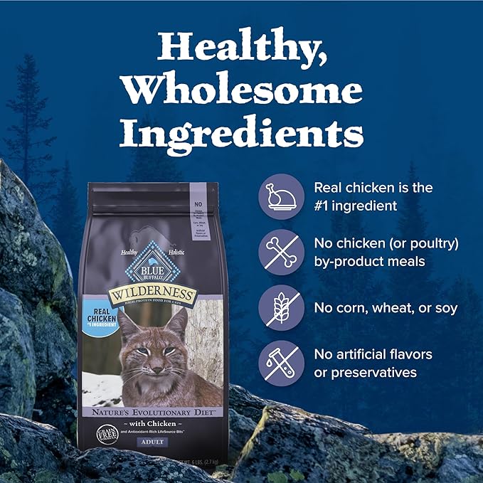 Blue Buffalo Wilderness Nature's Evolutionary Diet High-Protein, Grain-Free Natural Dry Food for Adult Cats, Chicken, 6-lb. Bag-PawvioPets