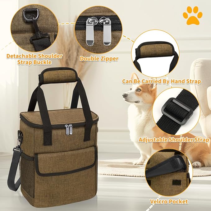 Dog Travel Bag for Camping - Pet Travel Accessories with 2 Collapsible Bowls, 2 Food Containers & Waterproof Feeding Mat - Portable Dog Carrier, Coffee (Small)-PawvioPets