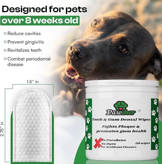 Dog Teeth Cleaning Wipes, Fights Plaque, Freshens Breath & Promotes Gum Health, No-Rinse Finger Toothbrush, Gentle & Naturally Safe, Completes Your Dog Tooth Brushing Kit, 50 Count-PawvioPets