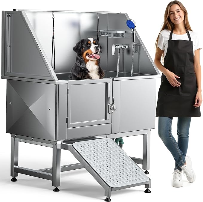 DWVO Professional Pet Dog Bathing Station for Grooming, 50'' Dog Grooming Bathtub with Left Ramp, Floor Grate, Faucet, Showerhead & Soap Holder for Large, Medium & Small Pets-PawvioPets