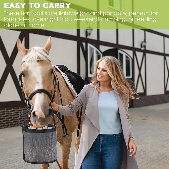 2 Pcs Horses Feed Horse Bag for Grain Hay Bags Heavy Duty Mesh Horse Feeder with Adjustable Strap Comfort Neck Pad Nose Pad and Waterproof Bottom Muzzle(Gray)-PawvioPets