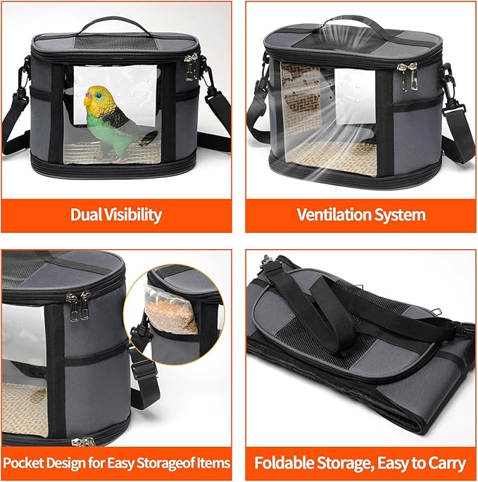 Bird Travel Carrierm, Small Bird Travel Backpack Carrier Cage with Tray and Breathable Clear Window, for Parakeet Cockatiel Budgies, for Camping Hiking (Large-Black)-PawvioPets