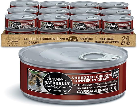 Dave's Pet Food Grain Free Wet Cat Food (Shredded Chicken in Gravy), Made in Canada Naturally Healthy Canned, Added Vitamins & Minerals, Wheat & Gluten-Free, GMO-Free, 5.5oz (24 Pack)-PawvioPets
