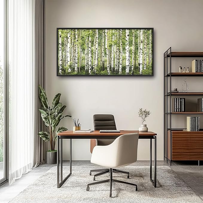 Extra Large Birch Tree Framed Wall Art for Living Room,Oversized Green Aspen Trees Forest Pictures Wall Decor,Canvas Print Painting Modern Artwork Bedroom Office Bathroom 60L" x 30W"-PawvioPets