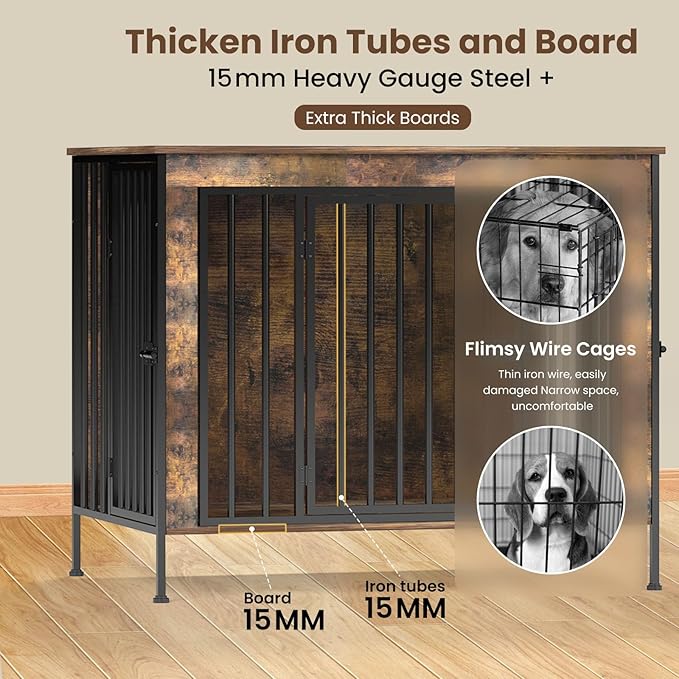 Dog Crate Furniture 40" Sturdy Heavy Duty Dog Kennel Solid Metal Tube Thick Wooden with 3 Lockable Doors Single Dog Cage Large Breed as TV Stand End Table for Large Dog Rustic Brown-PawvioPets
