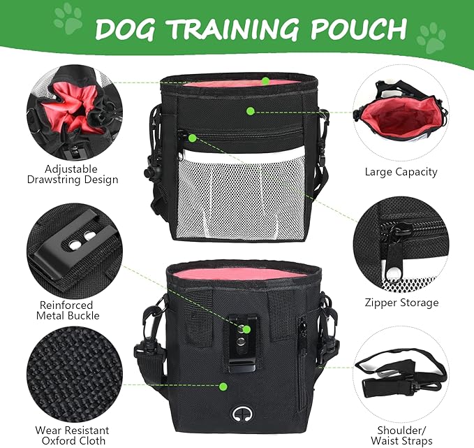 Dog Treat Pouch Pet Training Kit - Silicone Treat Bag Magnetic Closure, Puppy Training Clicker, Dog Whistle, Collapsible Dog Bowls, Poop Bags & Holder, 4 Ways to Wear Walking Fanny Pack-Black-PawvioPets
