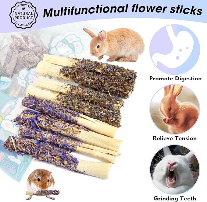 Abizoo Sweet Bamboo Rabbit Chew Sticks Treats and Toys 8Pcs Natural Hay with Forget-Me-Not Lavender for Bunny Guinea Pig Chinchilla Dental Care-PawvioPets
