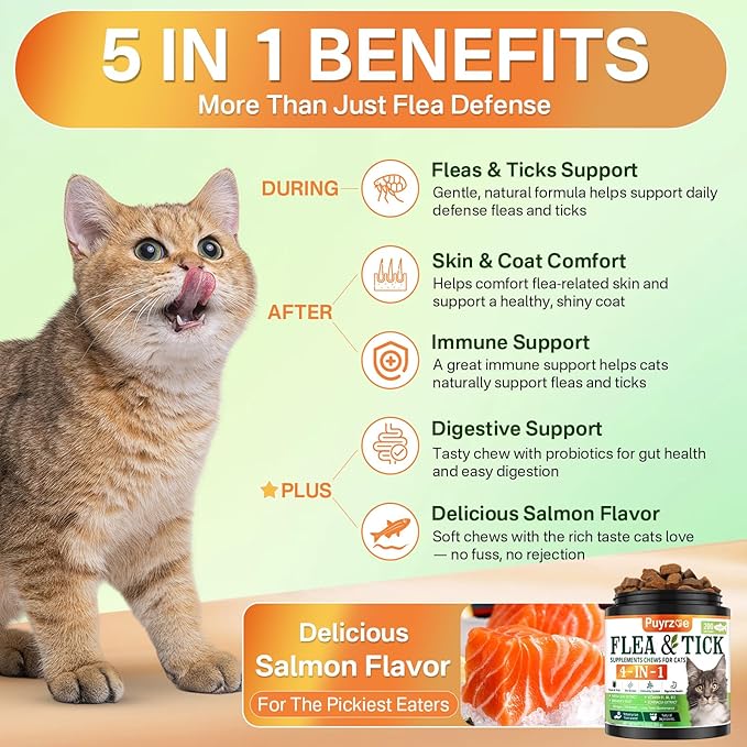4-in-1 Flea Treatment for Cats Chewable, Natural Cat Flea and Tick Prevention Chewable Supplement for Skin & Coat | Immunity Support | Digestive | Flea & Tick Treatment for All Breeds & Sizes-PawvioPets
