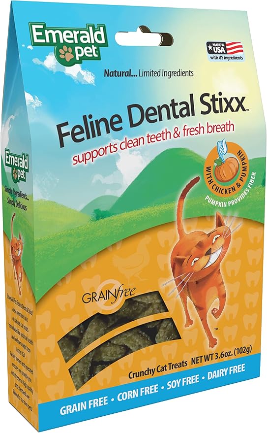 Emerald Pet Feline Dental Stixx — Tasty and Crunchy Cat Dental Sticks with Pumpkin for Digestive Health — Natural Grain Free Dental Treats for Clean Cat Teeth and Fresh Breath — Chicken Stixx, 3.6 oz-PawvioPets