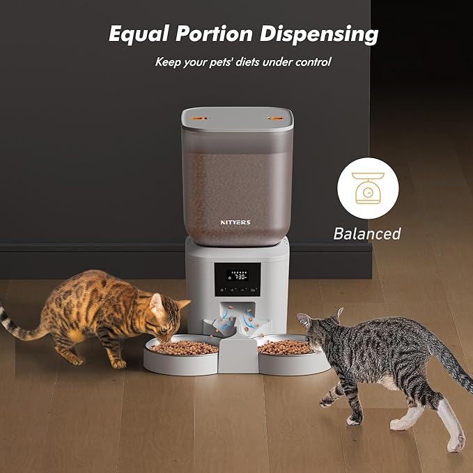Automatic Cat Feeder for 2 Cats - 8L/34 Cups Large Capacity Auto Food Dispenser with LCD Screen, 2 Food Trays, Timed Cat Feeder, Up to 50 Portions 6 Meals Per Day, Keep Fresh, White-PawvioPets