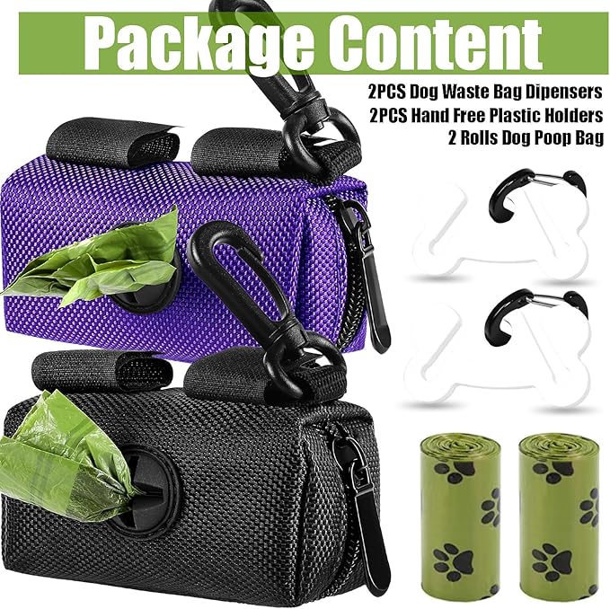 2Packs Dog Waste Bag Dispenser Pet Poop Bags Holder for Doggie Waste Bags Dispensers Soft Fabric Zipper Small Doggy Puppy Pouch for Leash Accessory Attachment with Carrier (Black & Purple)-PawvioPets
