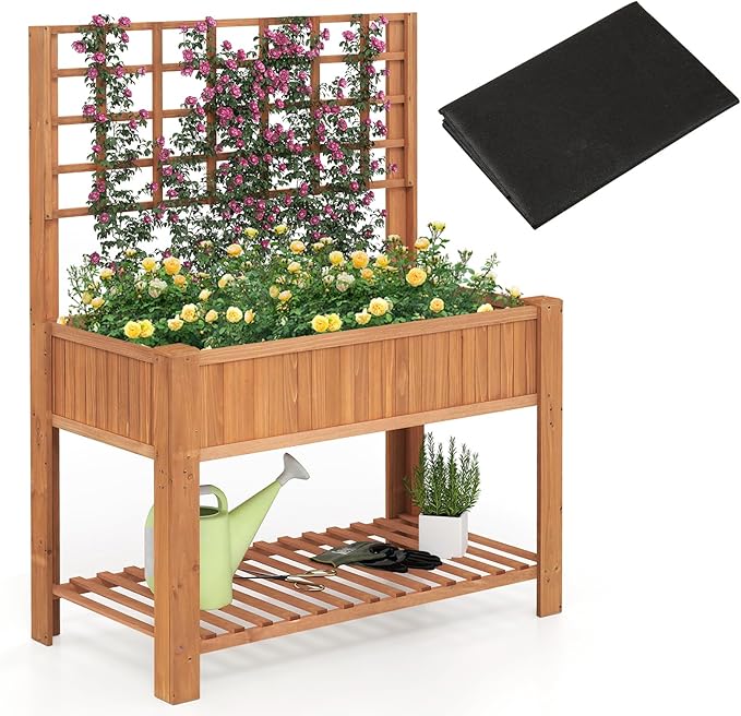 Giantex Raised Garden Bed with Trellis, Wooden Elevated Planter Box with Legs, Drainage Holes for Climbing Plants Vines Vegetables Flowers Herbs, Outdoor Horticulture Planter for Patio Yard (Brown)-PawvioPets