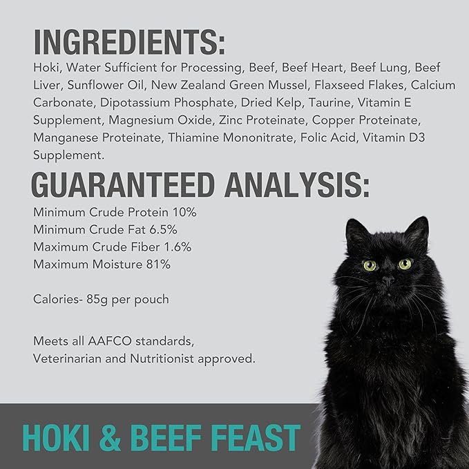 Feline Natural Wet Cat Food Pouch - Hoki & Beef Feast, Grain-Free, Grass-Fed & Sustainably Sourced Wet Food for Cats - Made in New Zealand, 3oz Pate, 12 Count Pack-PawvioPets