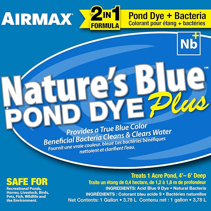 Airmax Pond Dye Plus, Nature's Blue Colorant & Natural Beneficial Bacteria, Large Pond & Lake Water Clarifier & Color Treatment, Shade Plants & Algae from Sunlight, Fish & Livestock Safe, 1 Gallon-PawvioPets